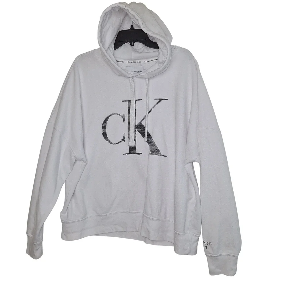 Calvin Klein Jeans Womens 2X White Sequin Logo Hoodie Pullover Sweatshirt